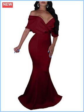 Women Sexy Off Shoulder V Neck Fishtail Maxi Evening Gown Formal Dress